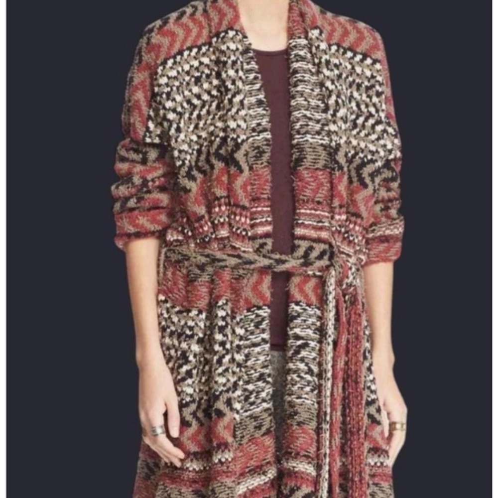 Free People Womens XS‎ Lona Long Belted Chunky Cardigan Rustic Beige Black & Red